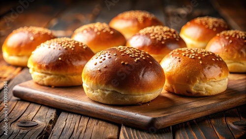 Softly golden light illuminates perfectly toasted closeup of hamburger brioche buns on a rustic wooden dinner table