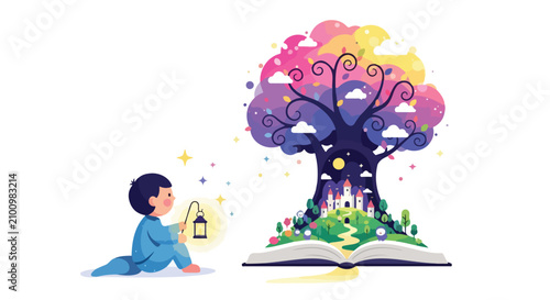 Canvastavla A young boy holding a lantern sits beside an open book from which a magical, colorful tree containing a miniature castle world grows into the sky