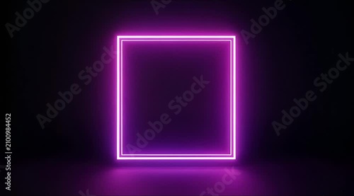 Neon purple square glows brightly in dark room with reflective surface