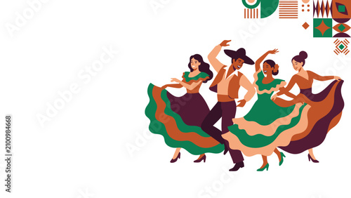 Quadro su tela Colorful folkloric women dancing in traditional Latin skirts on stage