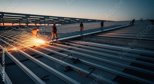 Roofs Under Construction With Workers Welding And Sparks Flying At Dusk