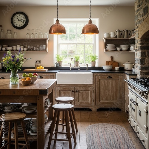 Rustic Farmhouse Kitchen With Copper Accents And Farmhouse Sink