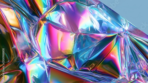 Iridescent crumpled foil texture, a vibrant abstract background showcasing rainbow hues and reflective surfaces, a modern art concept