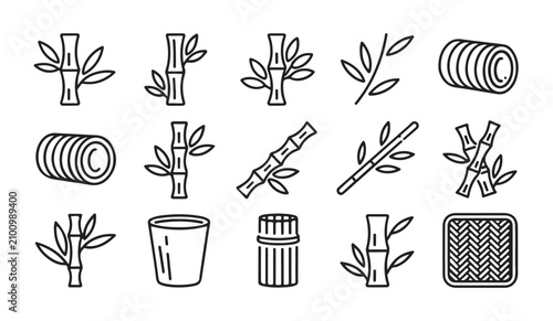 Canvastavla Assortment of bamboo plant elements, rolled mats, and other bamboo products outline icons
