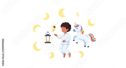Quadro su tela A peaceful little boy sleeps soundly amidst a magical dreamscape featuring a colorful unicorn, a glowing fairy, and golden crescent moons
