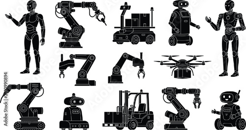 Industrial and humanoid robot silhouette icon set featuring automation arms, delivery drones, and service bots