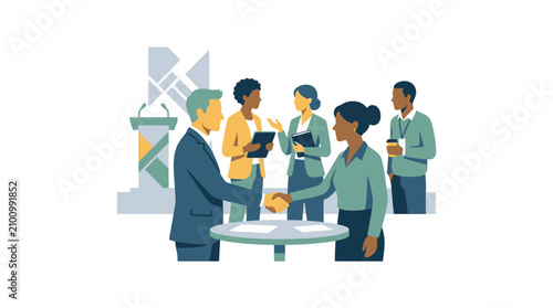 Diverse group of business professionals networking and shaking hands in a corporate setting.