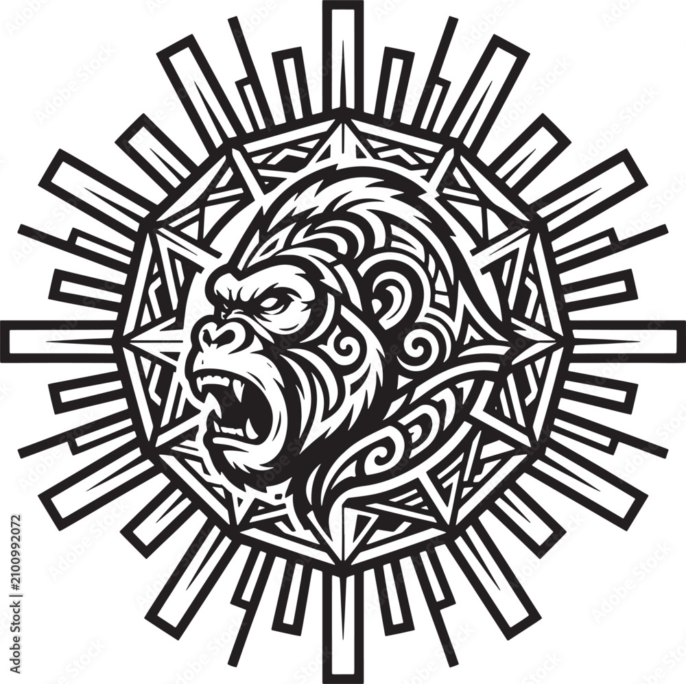 Fototapeta premium Stylized gorilla head portrait in a tribal style, enclosed within a circular sunburst frame featuring geometric rectangular rays