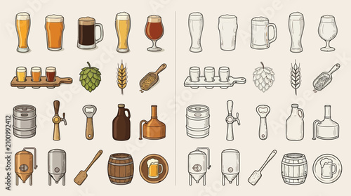 Photos Collection of beer brewing elements and drinks in glasses, isolated on a light background