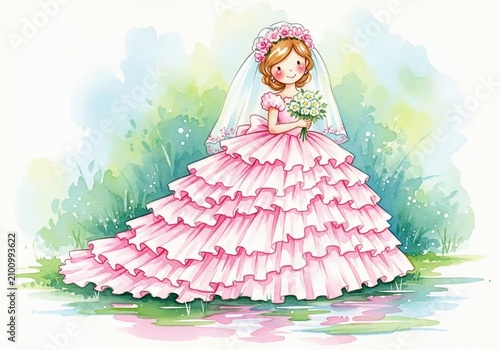 Watercolor dreams of a blushing bride amidst soft greens.