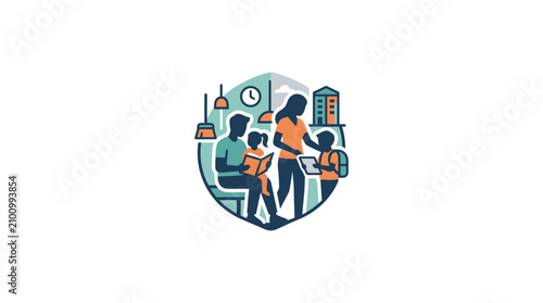 Illustration of diverse classroom setting with teacher and students learning together.