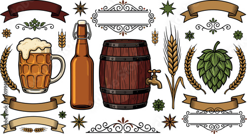 Vintage Oktoberfest brewery design collection featuring beer mug, bottle, wooden barrel, hop, wheat, decorative banners and rustic brewing vector elements