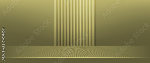 Minimalist gold olive green empty studio background with elegant vertical stripe wall and runway floor stage for product cosmetic presentation banner vector illustration