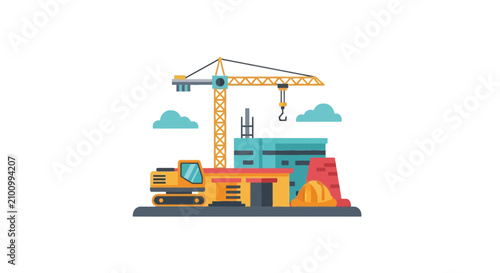 Industrial construction site with heavy equipment and hard hat