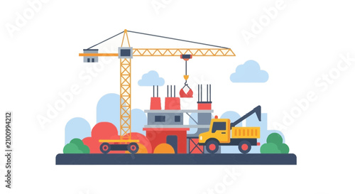 Busy construction site with crane and yellow dumper truck