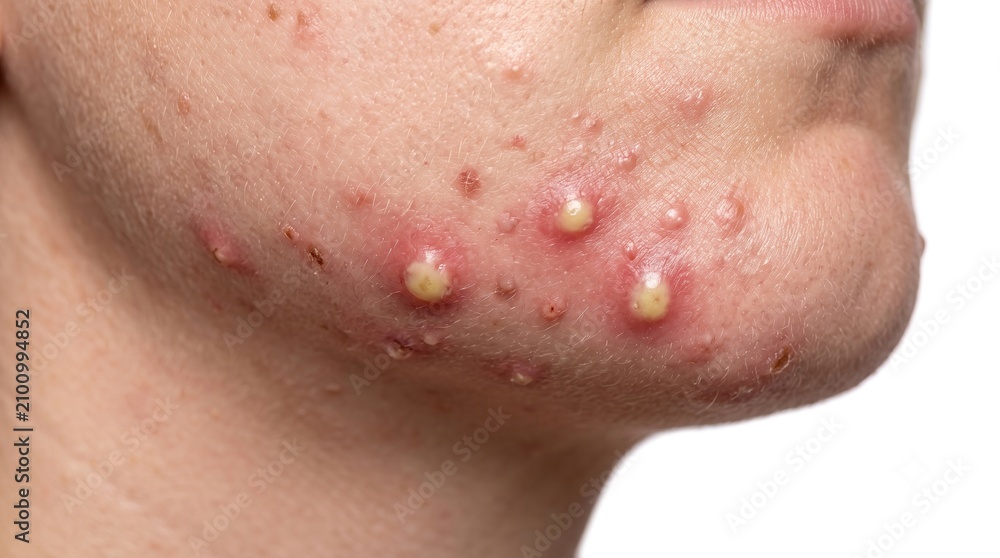 Naklejka premium Close up of chin with multiple painful inflamed yellow pus filled acne vulgaris pustules