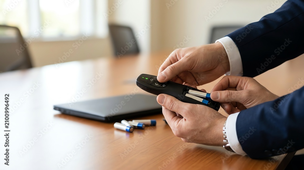 Fototapeta premium Executive hands in a professional suit replacing batteries in a wireless remote on a corporate boardroom table