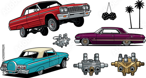 Bild auf Leinwand Classic Lowrider Cars Collection with Vintage American Coupe, Hydraulic Suspensi