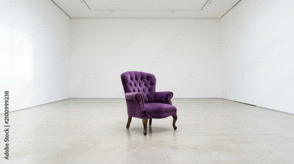 Fototapeta premium Luxury purple velvet armchair in minimalist white studio. Elegant tufted upholstered seating for high-end interior design.
