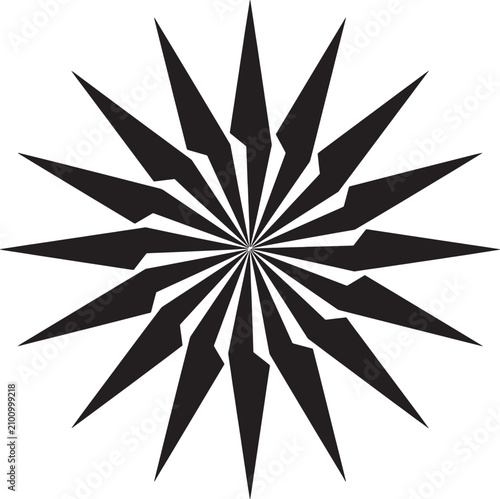 Radial burst symbol with sharp, angular, overlapping blades, black and white for or abstract pattern