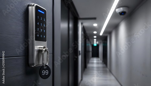 Electronic Door Lock with Keypad in Modern Hotel Corridor