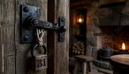 Rustic Wooden Door with Padlock and Fireplace Background