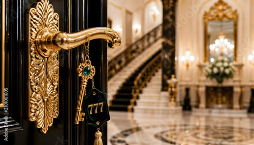 Golden Door Handle with Key in Luxury Hotel Lobby Interior