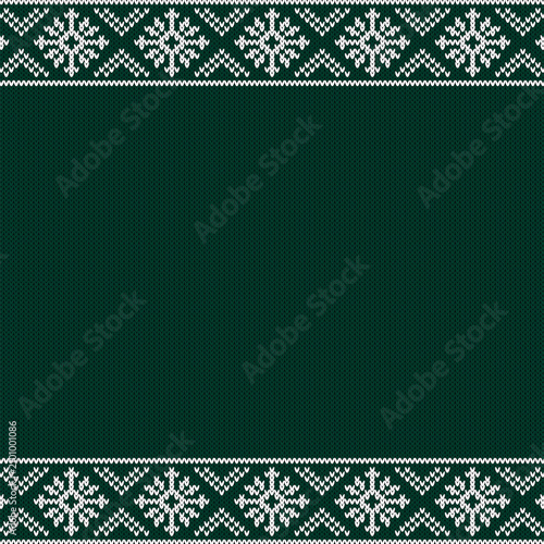 Christmas green knitted ugly sweater background with white ornament and copy space in the middle. Vector design. 