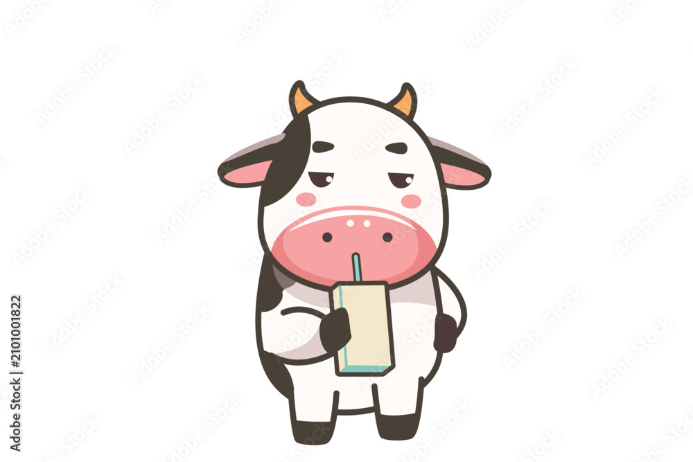 Naklejka premium Flat cow character drinking milk from carton education learning