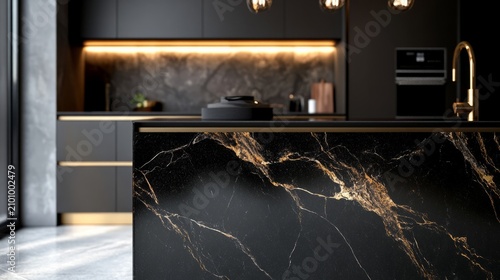 Luxury kitchen island with black marble and gold details, elegant lighting, generative ai