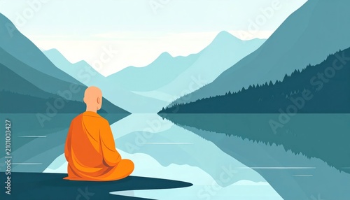 Serene monk meditating by calm lake.