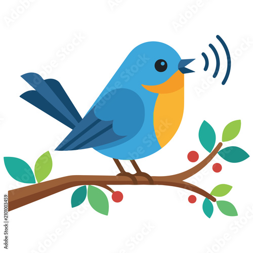 Foto Blue songbird sitting on a leafy branch chirping with stylized sound waves illus