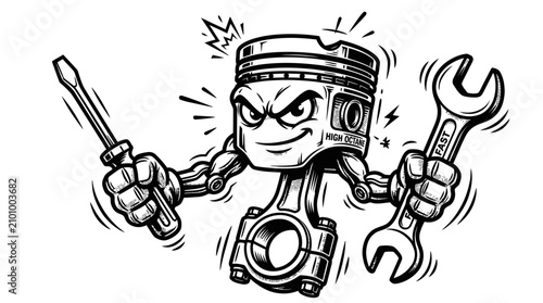Angry engine piston mascot holding wrench and screwdriver mechanical illustration