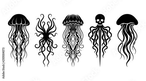 Black jellyfish silhouettes including stylized gothic skull and tentacle designs.