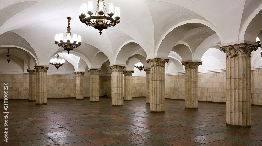 Obraz premium Ornate Chandeliers Illuminate Grand Underground Hall with Arched Ceilings and Columns