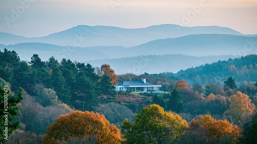Modern Architecture Home Nestled Amidst Autumn Foliage on a Hilltop with Misty Mountain Layers