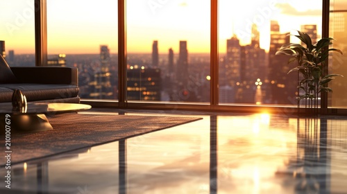 Luxury penthouse living room with floor-to-ceiling windows and sunset skyline views, marble floors, generative ai