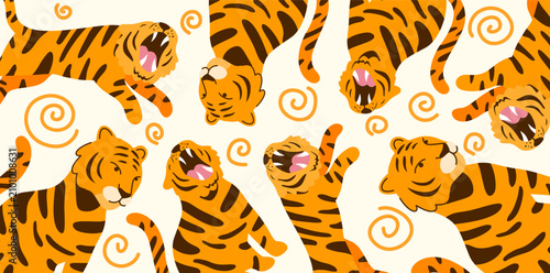Photography active tigers jumping and playing in white dotted pattern
