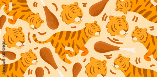Photography funny tiger running with fried chicken legs seamless pattern
