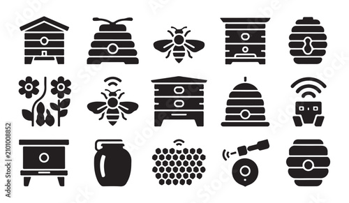 Smart beekeeping icon set featuring digital hive monitoring with wireless honey bees sensors and technology.