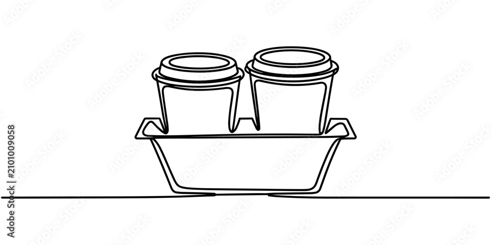 Obraz premium Continuous One Line Drawing of Paper Takeaway Cup Holder with Two Cups