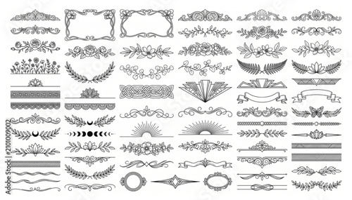 Ornate decorative dividers and flourish collection with dividers flourishes ornaments calligraphy decoration elements collection separators typography stationery invitation