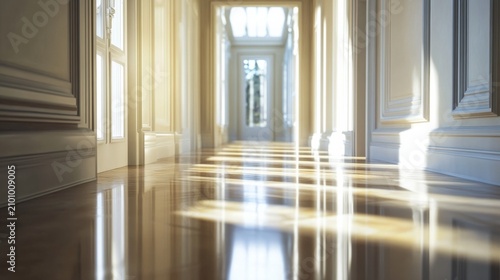 Hallway of a mansion with natural light and polished floors, minimalist decor, generative ai
