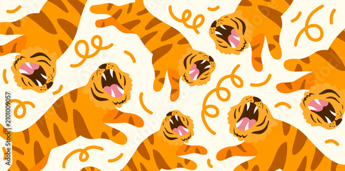 Photography energetic tigers playing and roaring in dynamic jungle pattern