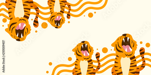 Photography roaring tigers in orange wave border for jungle designs