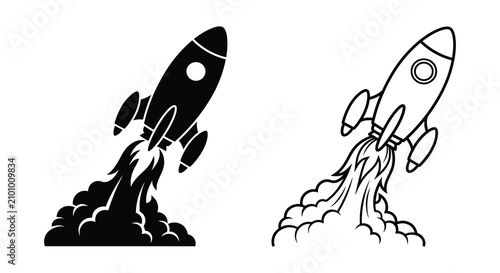 Fotografía Rocket Launch Silhouette With Flames And Smoke Black And White Silhouette