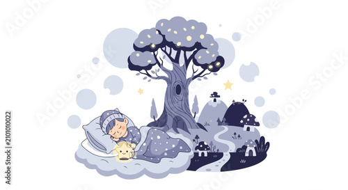 Quadro su tela A peaceful scene of a child sleeping on a cloud bed in a magical dreamscape with glowing stars, mushroom houses, and a majestic tree in the distance