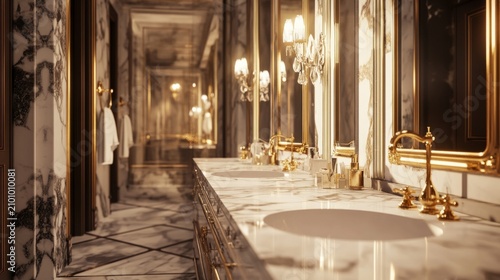 marble bathroom in a mansion, with large mirrors and gold fixtures; elegant design, generative ai