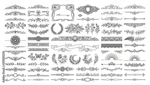 Set of decorative dividers and ornaments for page decoration with ornament decoration flourish calligraphy graphics calligraphic illustration monogram invitation collection