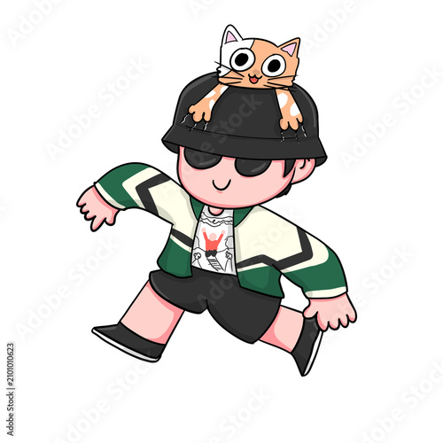 Boy With Cat on Bucket Hat Running Cartoon Character Illustration